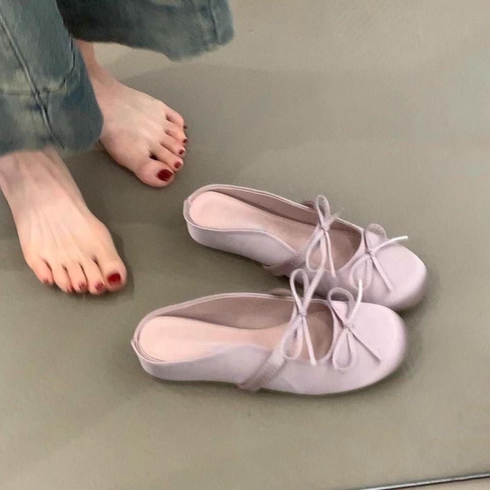 2025 new heightening flat bottom comfortable bag head sandals bow word with satin round head half slippers women