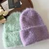 Women Winter Soft Faux Mink Fur Knitted Beanie, Japanese & Korean Style Warm Thick Cashmere-Like Rolled Edge Hat, Cozy Fluffy Purple Knit Cap