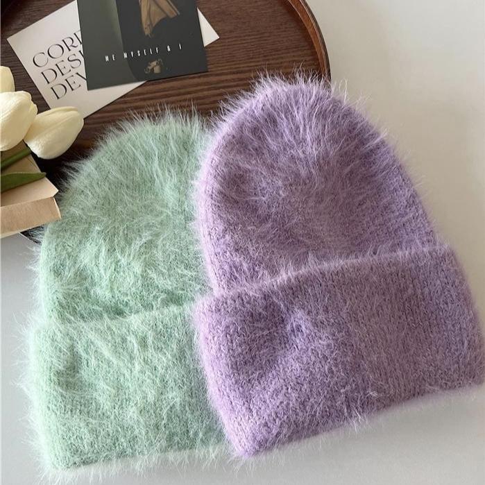 Women Winter Soft Faux Mink Fur Knitted Beanie, Japanese & Korean Style Warm Thick Cashmere-Like Rolled Edge Hat, Cozy Fluffy Purple Knit Cap