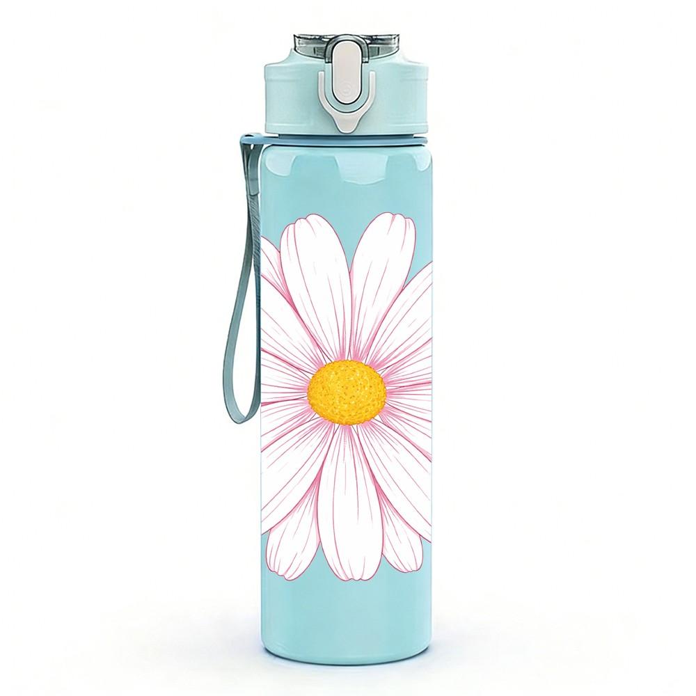 1PC White Daisy Simple Flower Print 750ml Color Plastic Sports Water Bottle Leakproof Flip Straw Lid Suitable for Sports Office Home Use