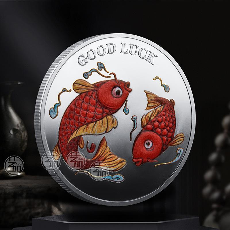 Koi three-dimensional relief color printed commemorative coins, metal crafts, badges, elephant coins