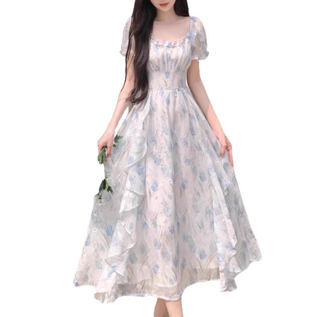 First Love Floral Chiffon Dress - Romantic Square Neck, Elegant Waist-Cinched, Slimming Design, Plus Size Fairy Summer Long Dress for Women