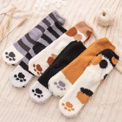 Cozy Cat Paw Coral Fleece Socks - Thick Warm Floor Sleep Socks