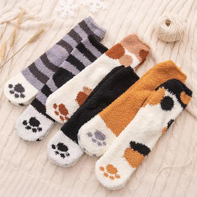 Cozy Cat Paw Coral Fleece Socks - Thick Warm Floor Sleep Socks One Size