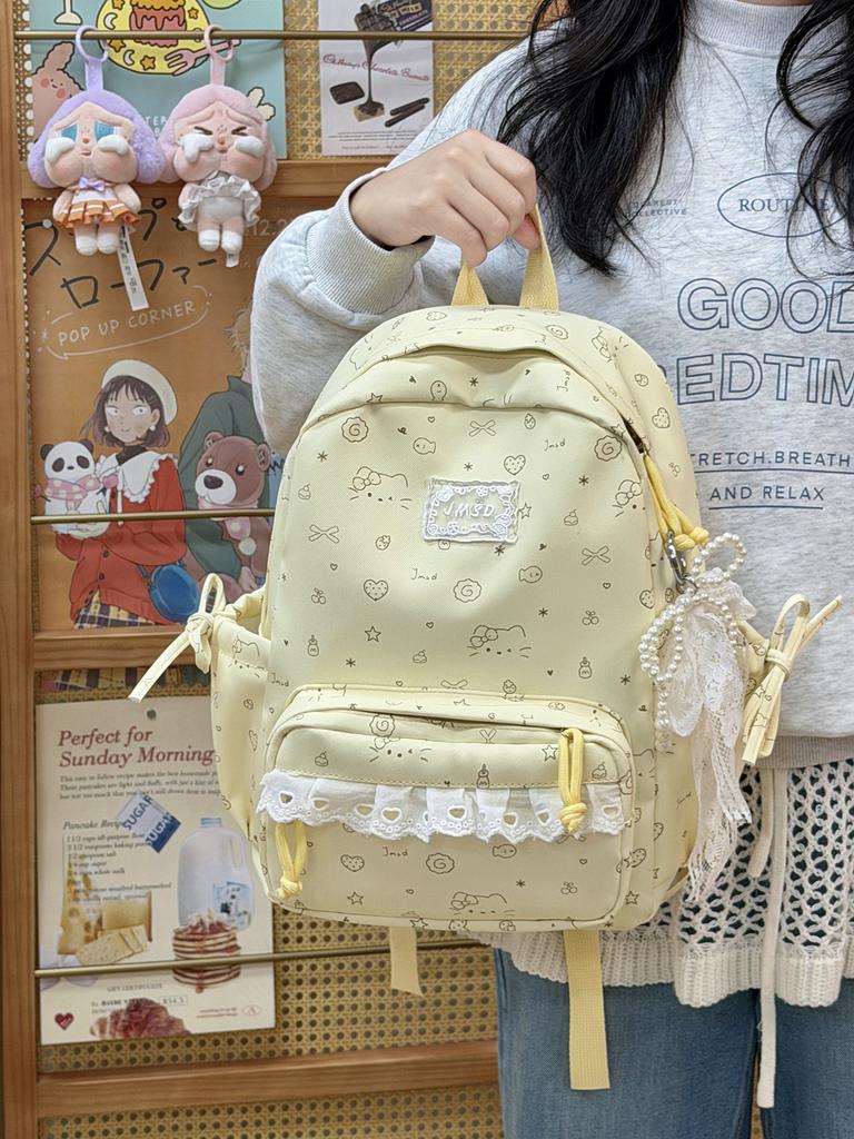 2 sizes of lace women's backpacks with beaded pendants Ins Cute Cartoon Printed school bags Sweet ladies travel mini backpack