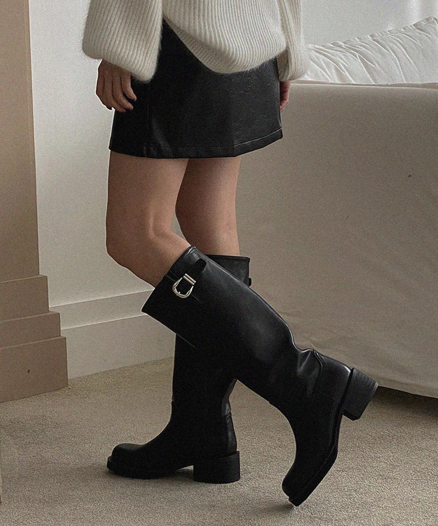 Moodnple Hailey Buckle Point Daily Black Basic Long Boots 5Cm