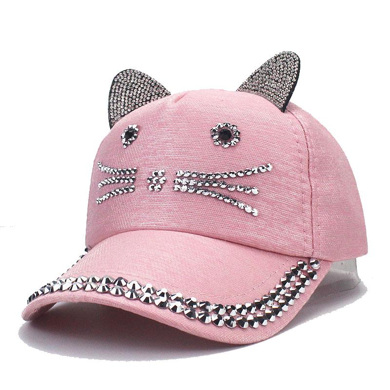 Dětská Dívčí Čepice s Diamantovou Inkrustací Jednoduchá Jednobarevná Baseballová Čepice Dámská Nastavitelná Ležérní Outdoorová Streetwear Móda Kočičí Klobouk