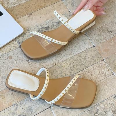Fashion Low Heel Slippers Women's Fashion Square Head Open Toe Rivet Thin with Soft Sole Anti-slip Wear Square Heel Shoes