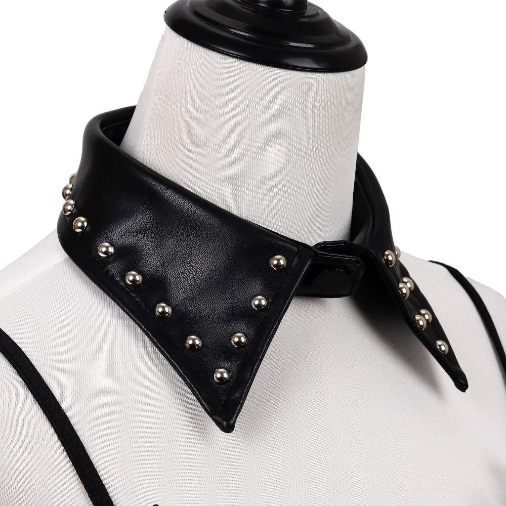 Detachable Black Leather Fake Collar Pu Punk Style Collar Cool Rivet Collar  Photo Props