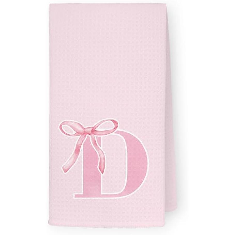 Coquette Pink Bows Personalized Kitchen Towels, Initial K Letter Decor, Pink Monogrammed Hand Towels for Bathroom, Sweet Dish Towels for Kitchen