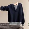 Women's Striped Spliced Faux Two-Piece Knit Sweater