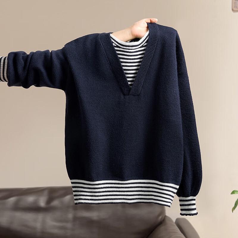 Women's Striped Spliced Faux Two-Piece Knit Sweater