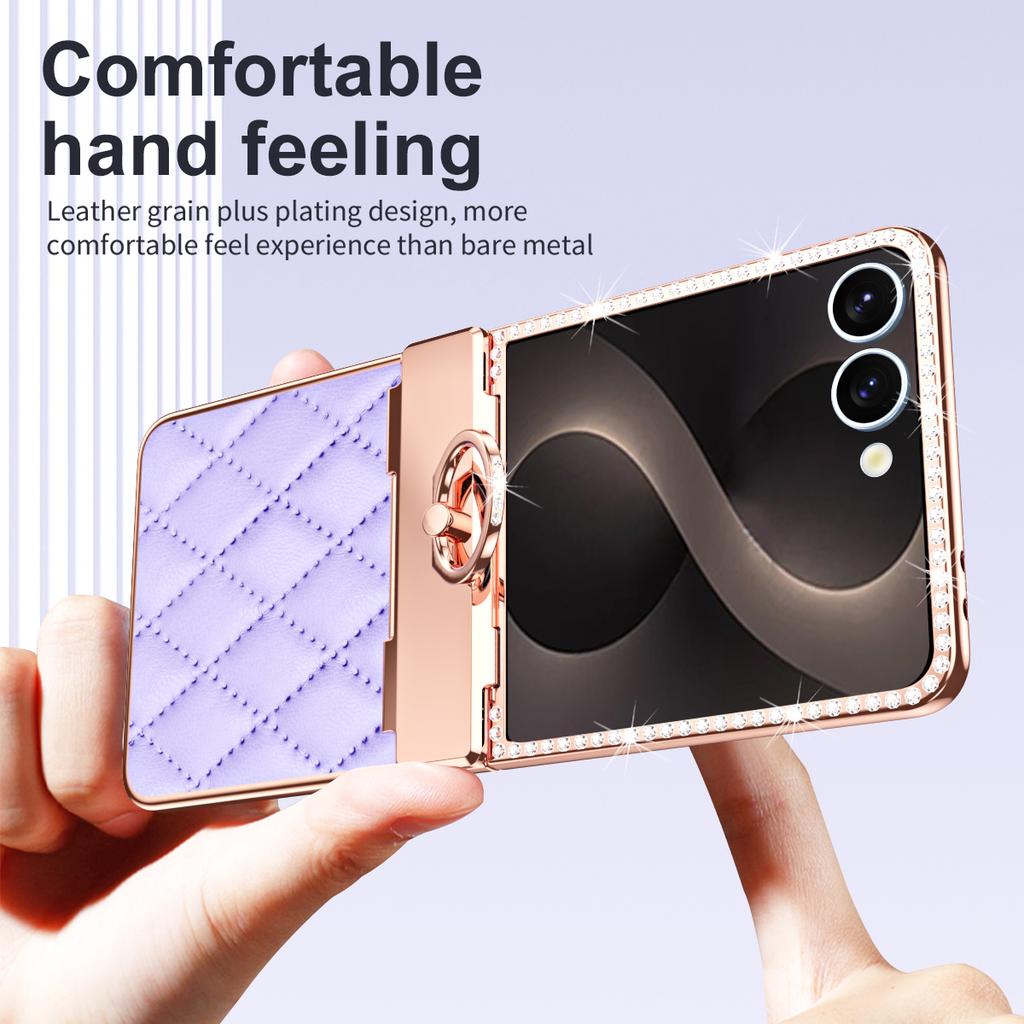 Premium Mode Rautensteppung Leder Hülle für Samsung Galaxy Z Flip 8 7 Hart Stoßfest mit Ringhalter Schnalle Scharnier Schutzglas Film Abdeckung