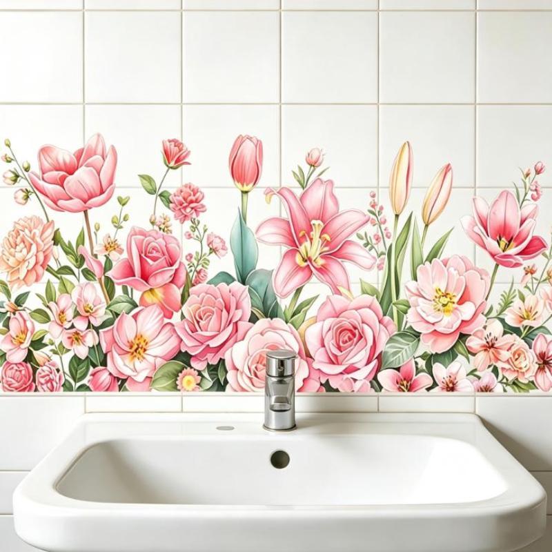 Fresh Flower Pattern Wall Sticker Waterproof Non-Marking Sink Area Background Decal for Bathroom Kitchen Decor