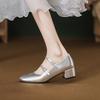 2025 French silver Mary Jane women's shoes summer square head ballet single shoes thick heel cross buckle high heels retro