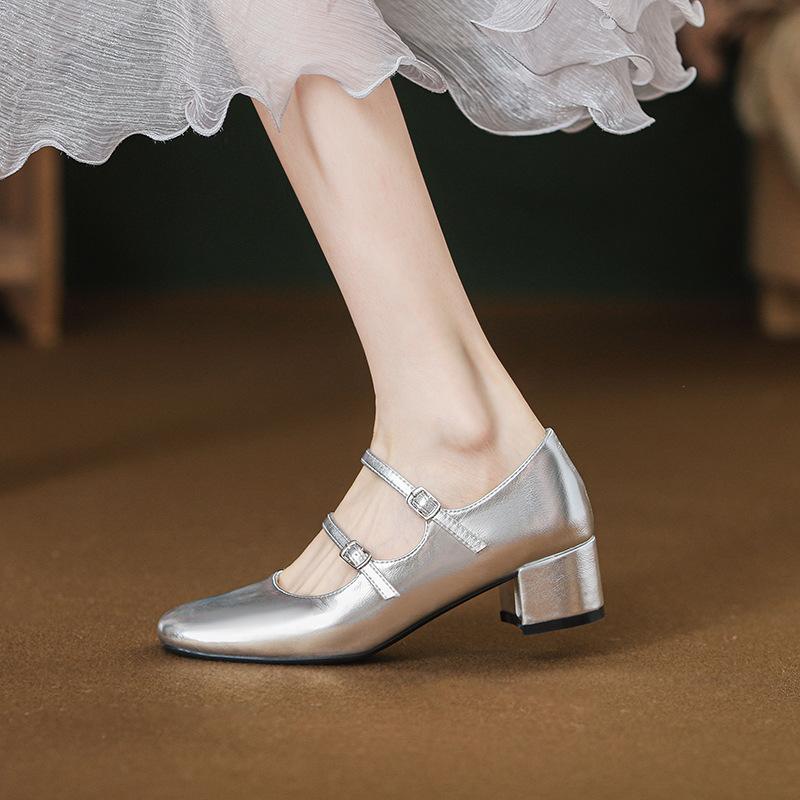 2025 French silver Mary Jane women's shoes summer square head ballet single shoes thick heel cross buckle high heels retro