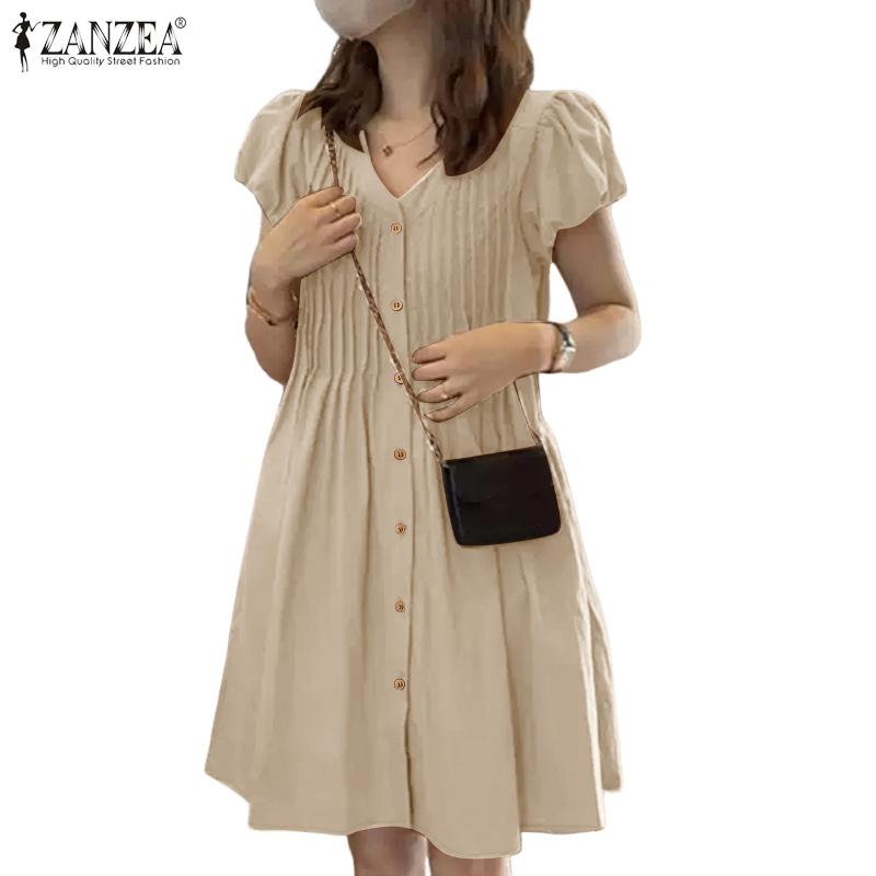 ZANZEA Women Casual V-Neck Summer Short Sleeve Dress