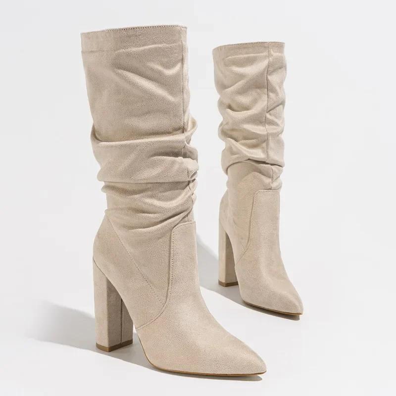 

Women Pleated Flocks High Thick Heel Mid-calf Boots for Outdoor Office Nightclub Evening Party Wedding Banquet Botas De Mujer 35 бежевый