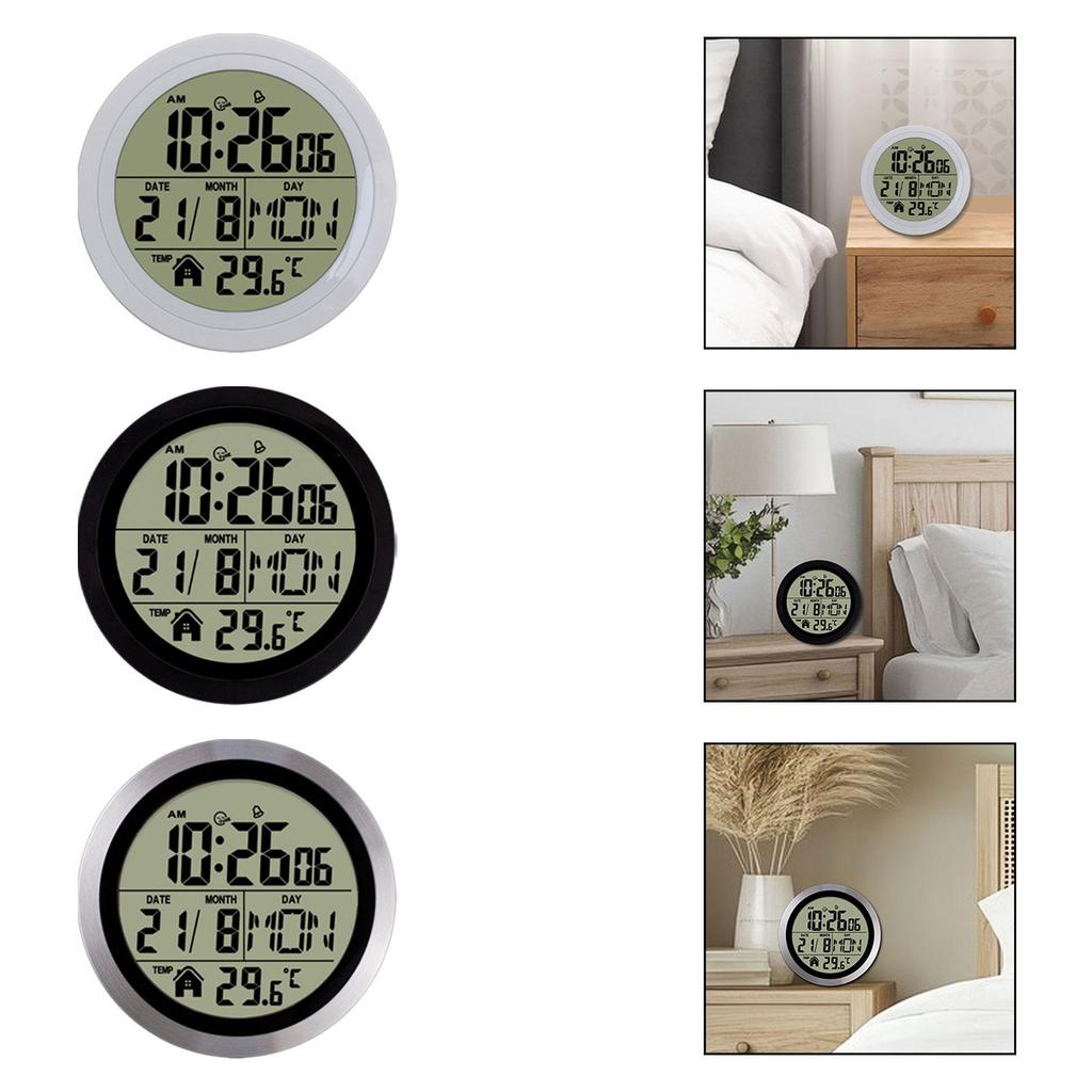 Digital Alarm Clock Round Date Week 12/24H Multipurpose Battery Operated Wall Clock for Living Room Gym Office Bedroom Hotels