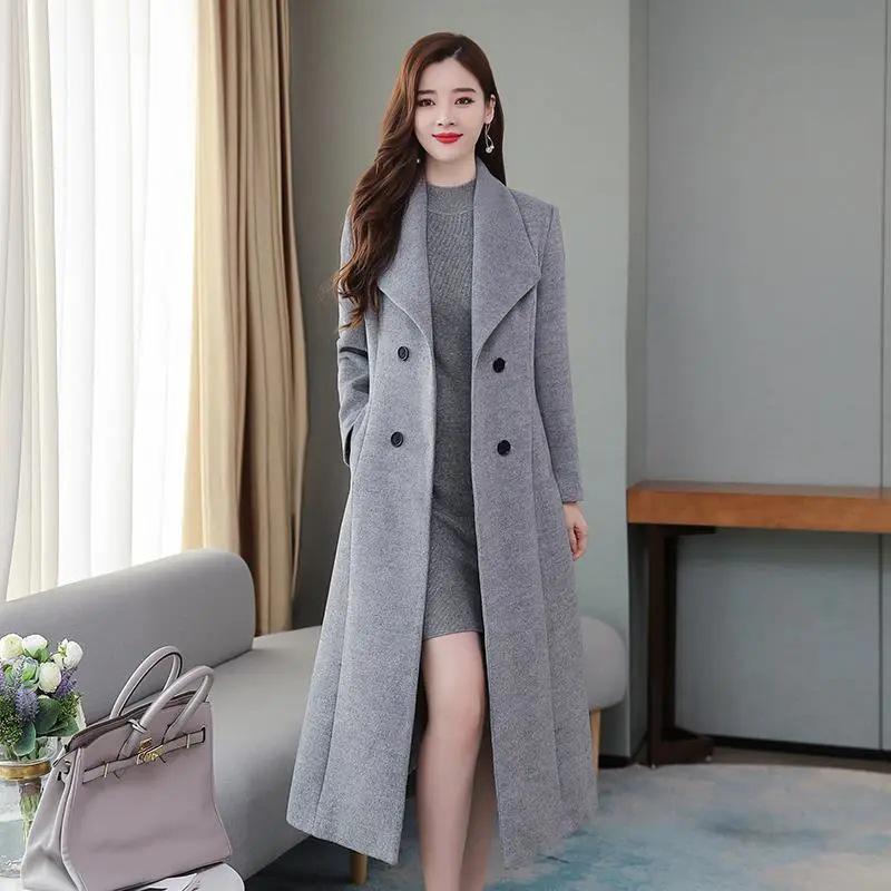 Women's Over-the-Knee Woolen Windbreaker Coat - Spring/Autumn 2024 Edition, Thick, Large Size, Lapel, Slim Waist, Extra Long.