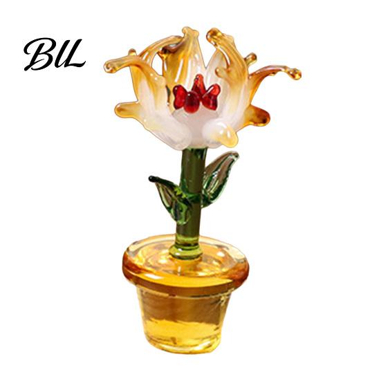 Small Potted Plant Decor Handcraft Glass Flowers Figurines Hand Blown Mini Flower Handmade Ornament Collectible Floral Gifts for Mother's Day Birthday