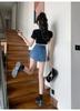 Irregular Denim Skort for Women - Slimming Lace-up A-line with Drawstring
