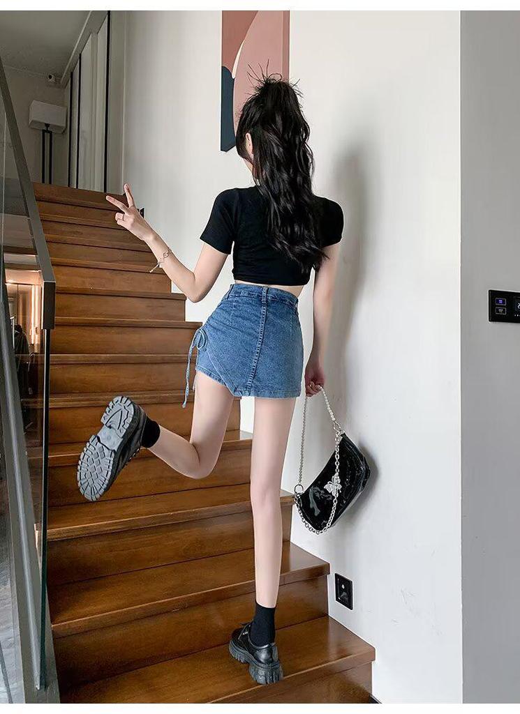Irregular Denim Skort for Women - Slimming Lace-up A-line with Drawstring