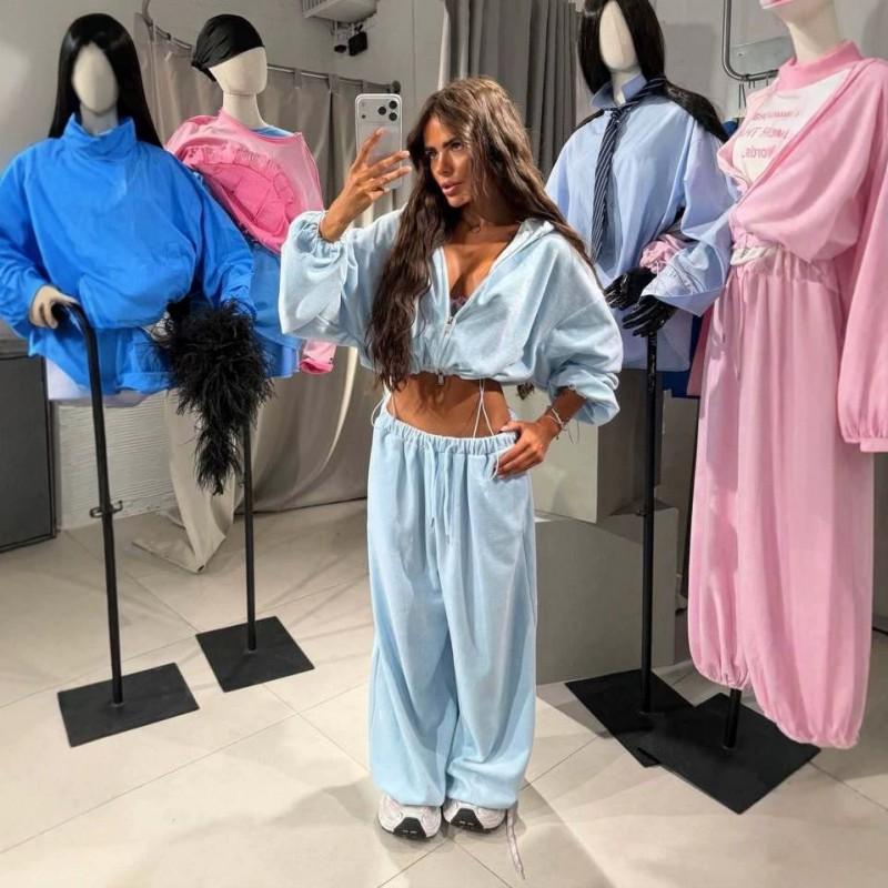 Womens Loose Fit Solid Color Lounge Set Long Sleeve Zip-Up Hooded Top Wide Leg Pants 2-Piece Comfortable Casual Outfit