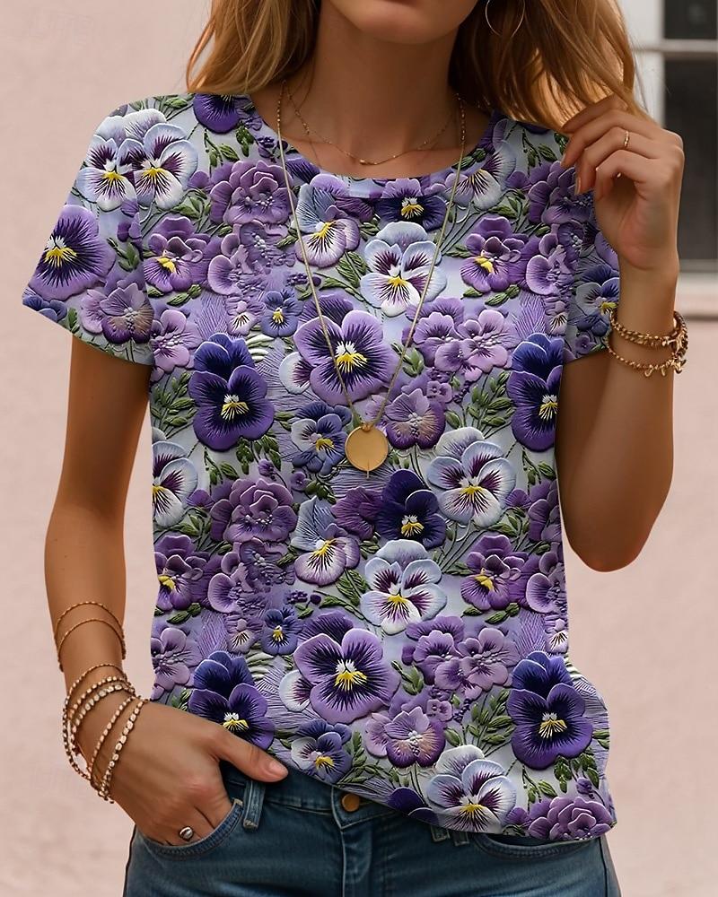 Floral Print Casual T Shirt Crew Neck Short Sleeve Tee For Women Summer Holiday Travel And Daily Outfits