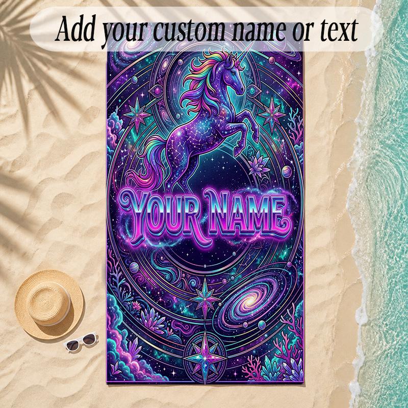 Unicorn Theme Soft Beach Towel Personalized Custom Name Text Towel Portable for Beach Pool Travel