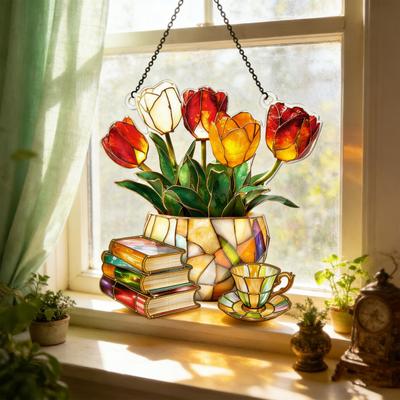 Atrapasol de Tulipán y Libro Flor Acrílica Atrapasol Decoración Colgante para Ventana para Hogar Sala de Estar Dormitorio Decoración Exterior