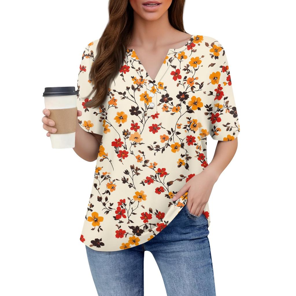 Women's T Shirt  Print Button Short Sleeve Daily Weekend Fashion Basic V- Neck Regular Top