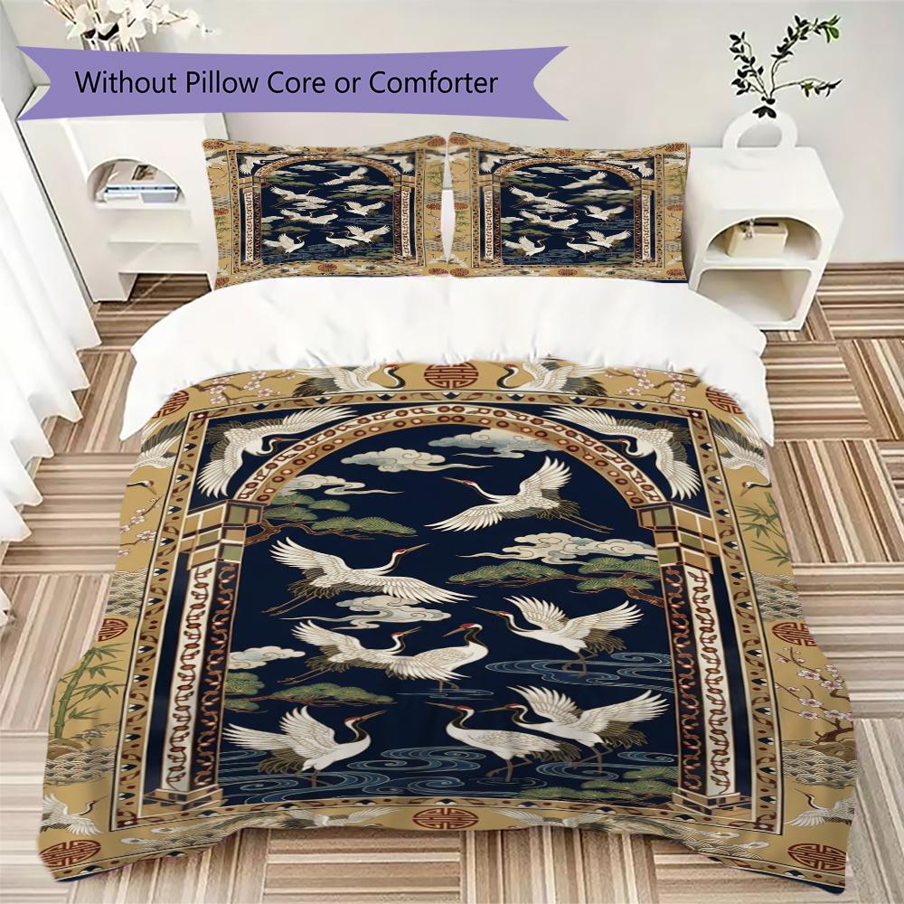 crowned Crane Pattern Bedding uilt Set uilt Cover Pillowcase Home Decoration Birthday Gift (1 * duvet cover + 2 * pillowcase without core)98