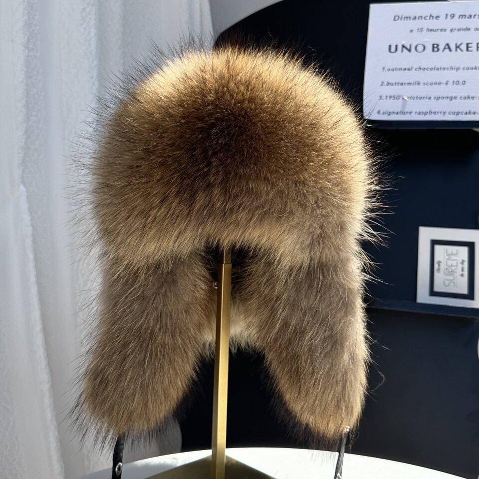 New Winter Men's 100% Real Silver Fox Fur Bomber Hat Raccoon Fur Ushanka Cap Trapper Russian Man Ski Hats Caps Real Leather