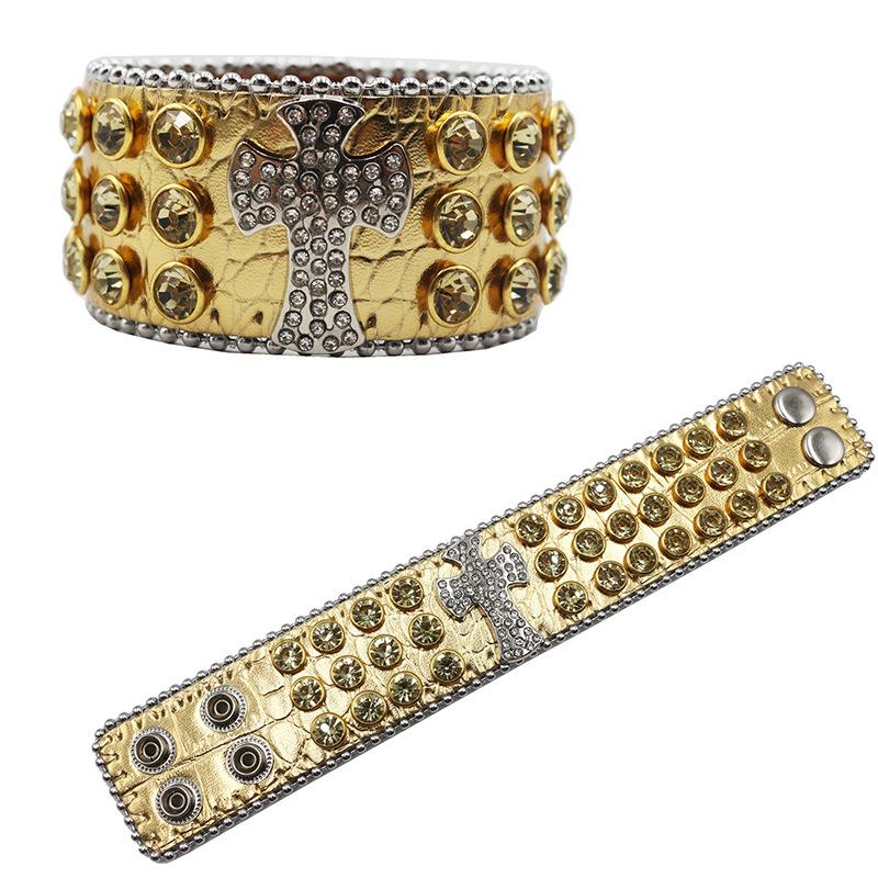 Trendy Punk Hip-hop Rhinestone Bracelet, Personalized Diamond-encrusted Colorful PU Leather Bracelet