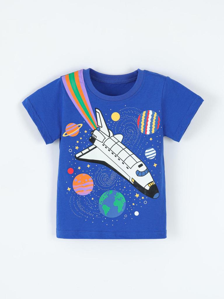 Boys' Luminous Airplane Print Short Sleeve T-shirt – European & American Style Round Neck 