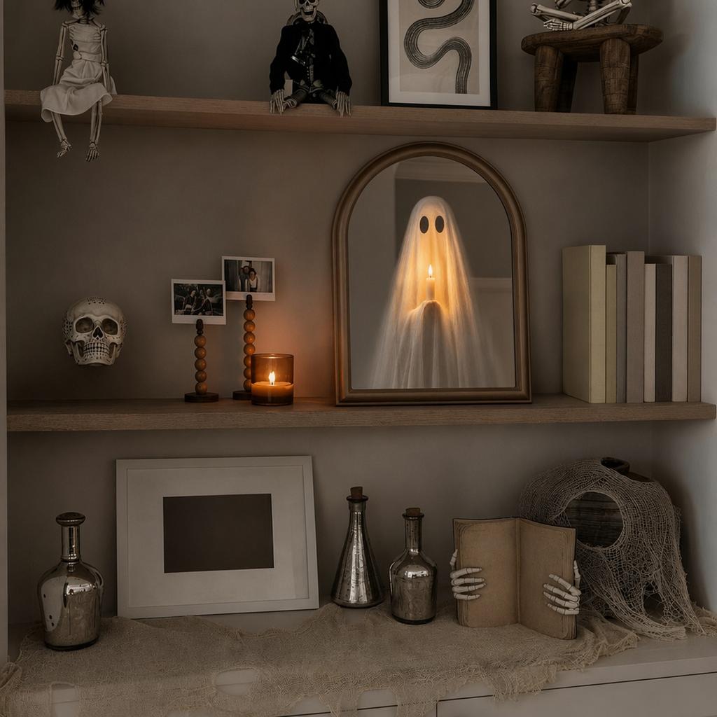 2026 Halloween Light Up Ghost Mirror Novelty Ghost Holding Candle On Mirror USB Powered for Spooky Halloween Haunted House Decor