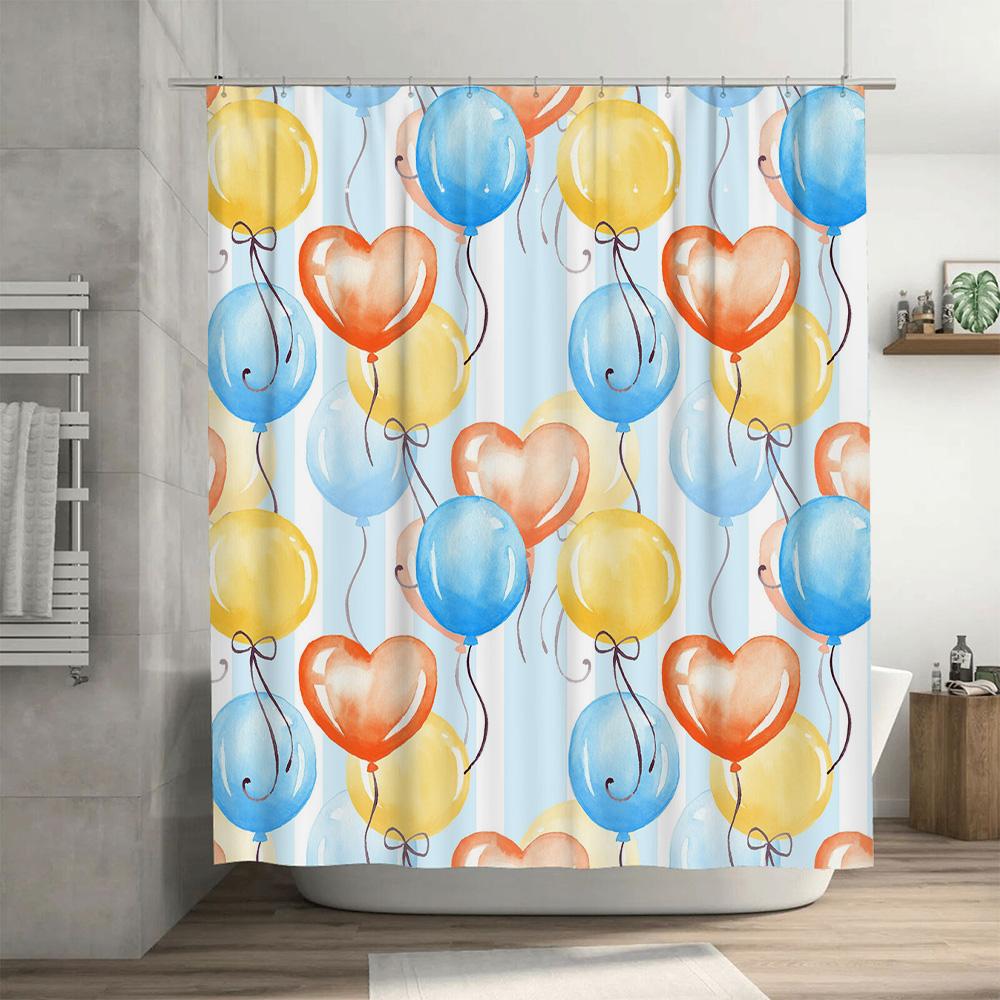 Aquarell Ballon Duschvorhang Blau Gelb Rot Heißluft Herzform Dekorativ Badewanne Stoffbänder Wasserdicht Zuhause Badzubehör