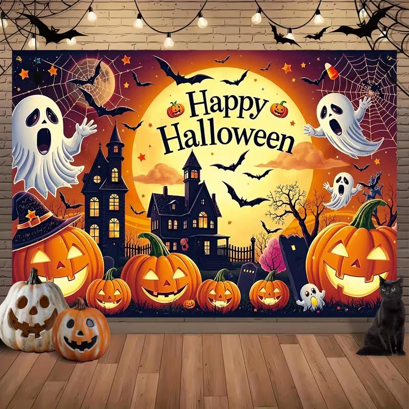 

2D Spooky Halloween Backdrop, Haunted Mansion with Pumpkins and Ghosts Photo Background 47.2x31.5inch/120*80cm