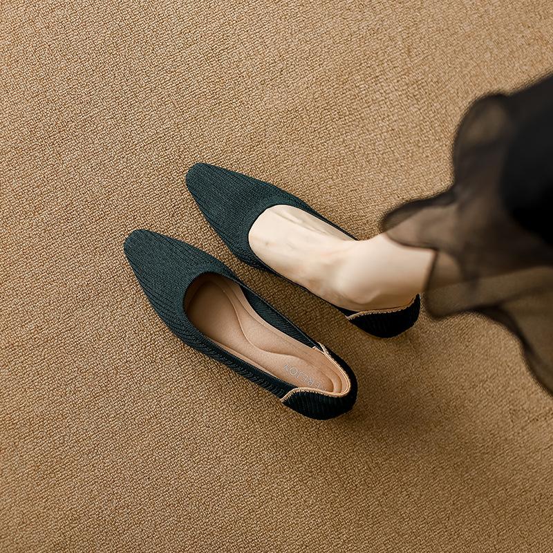 Small square head princess shoes thick heel wood grain straight stripe breathable knitted shoes soft sole one pedal lazy casual woven shoes