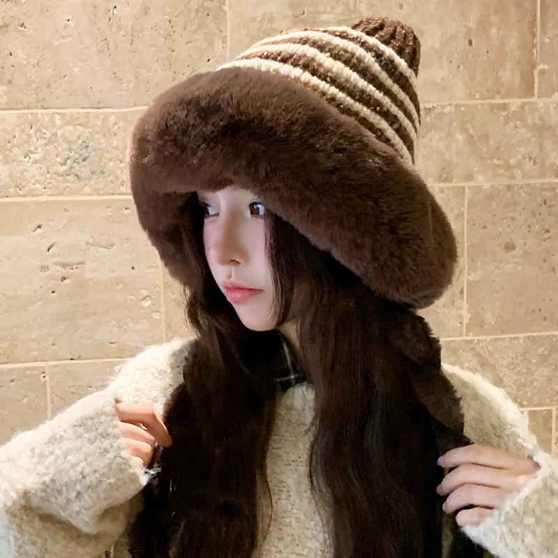 Korean Style Striped Plus Velvet Thickened Knitted Hat for Women Winter Warm Ear Protection Plush Hat New Braided Lei Feng Hat Trendy