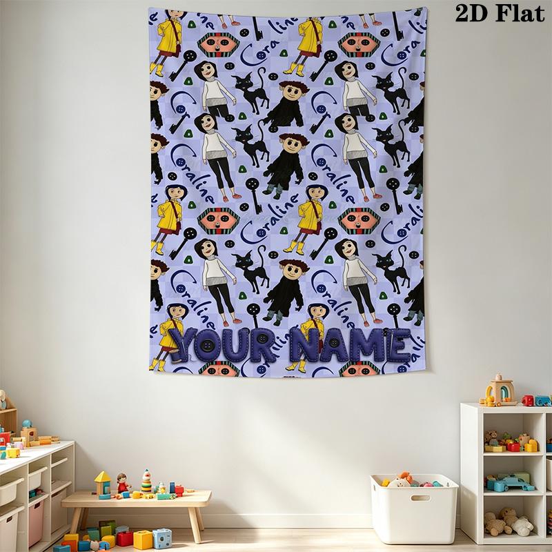 Name Custom Cartoon Coraline Wall Tapestry Aesthetic Wall Hanging Printed Fabric Blanket Decorative Tapestries for Bedroom Living Room Home Decor