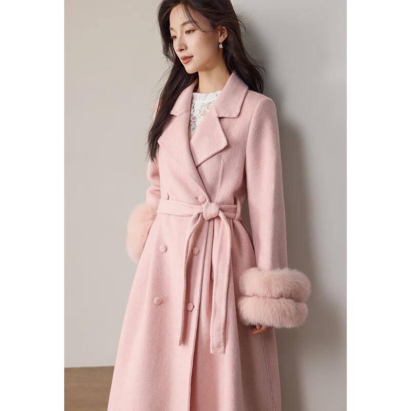 VICTORIA&VERA Women's Fox Fur Sleeve Wool Blend Long Coat with Belt