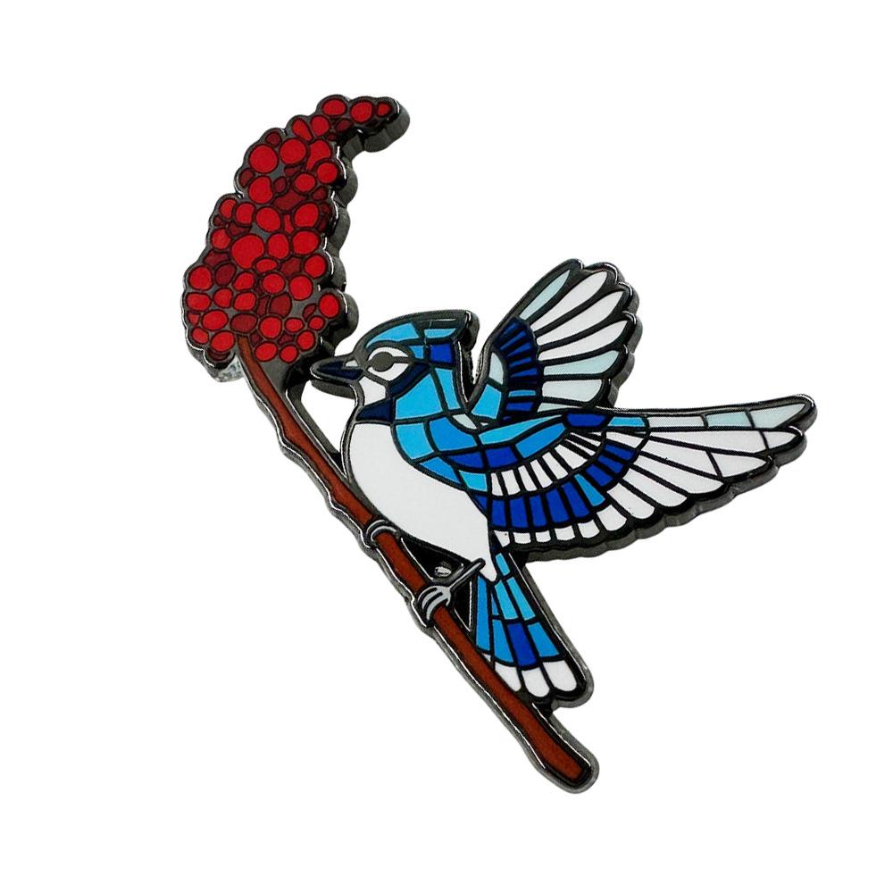 Exquisite Blue Jay & Red Berry Enamel Brooch: Unique Nature Lover s Gift