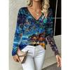 Women's Autumn 3D Printed V-Neck Long Sleeve T-Shirt