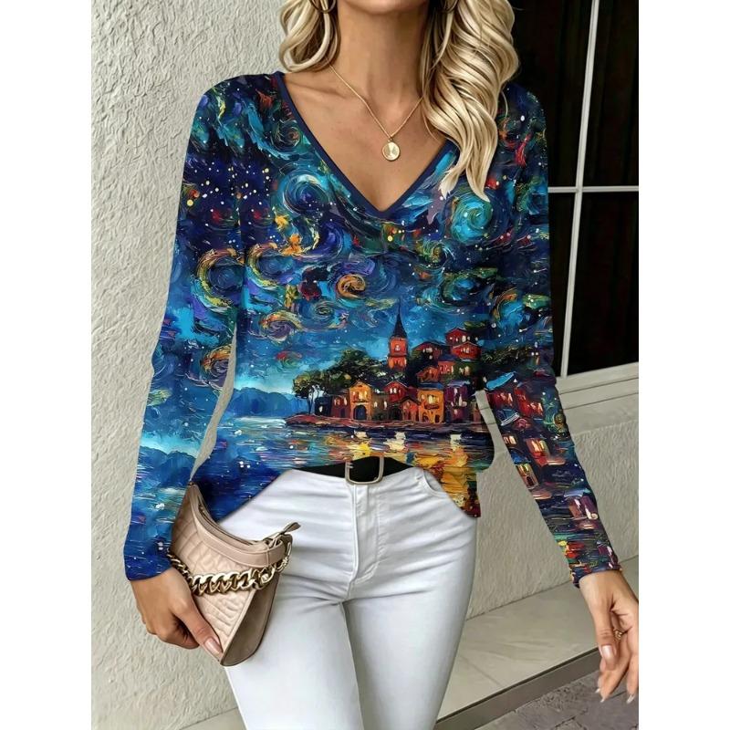 Women's Autumn 3D Printed V-Neck Long Sleeve T-Shirt