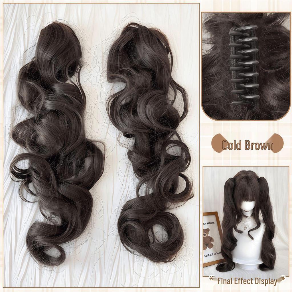 Parrucca Lolita Bianca e Oro con Doppi Code, Ricci Lunghi e Pinzette a Pinza - Copertura Completa per la Testa in Stile JK.
