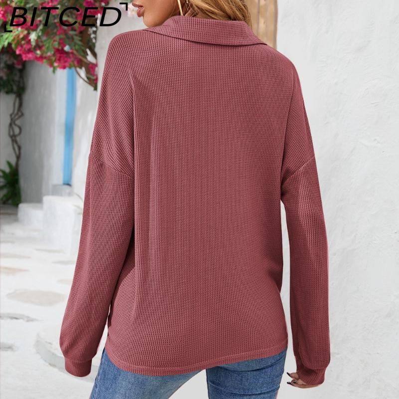 BITCED Women's Fall/Winter Polo Neck Button-Up Solid Color Long-Sleeve T-Shirt