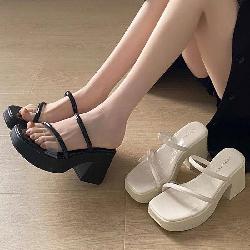 Premium Thick-soled Slippers Women's Summer Outer Wear 2025 New Thick-heeled One-word Drag Transparent High-heeled Fairy Wind Sandals