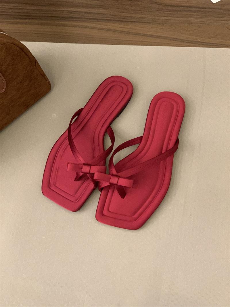 

2025 summer new bow toe flat slippers beach vacation cool slippers wearing flip-flops women 39 красный